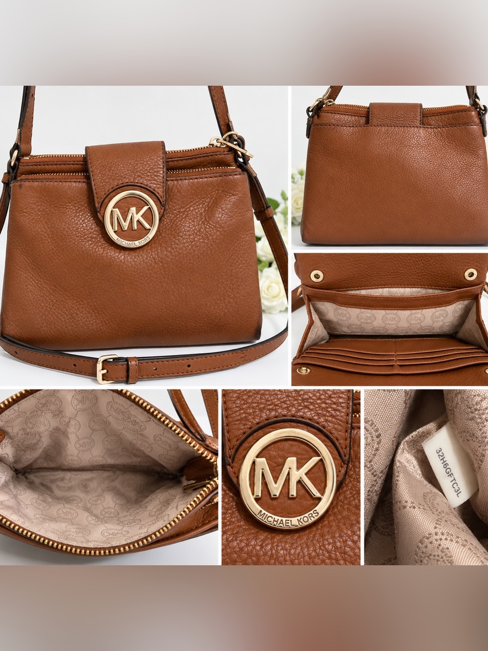 Michael Kors Brown Pebbled Leather Crossbody Bag MK Medallion Double Zip